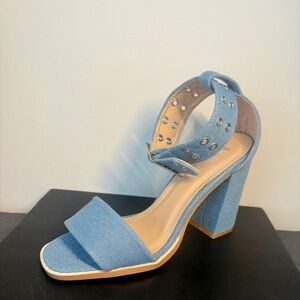 Light Blue Denim Block Heel Sandal with Studded Ankle Strap
